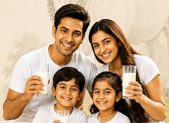 Kesar Ganga brand illustration of a family sharing glasses of milk